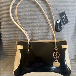 Y2K Beijo Black and Cream Patent Shoulder Tote with Gold Charm